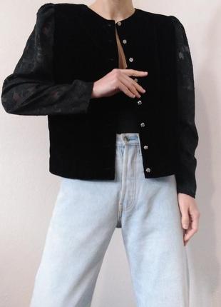 Чорний жакет велюровий піджак з об'ємними рукавами чорний блейзер вінтаж піджак чорний жакет велюр2 фото
