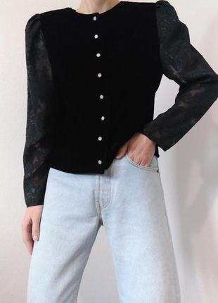 Черный жакет велюровый пиджак с объемными рукавами черный блейзер винтаж пиджак черный жакет велюр