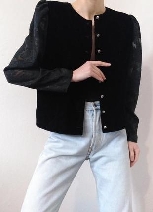 Чорний жакет велюровий піджак з об'ємними рукавами чорний блейзер вінтаж піджак чорний жакет велюр7 фото