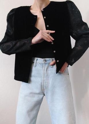 Чорний жакет велюровий піджак з об'ємними рукавами чорний блейзер вінтаж піджак чорний жакет велюр6 фото