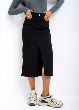 Черная джинсовая юбка-миди с разрезом спереди туречки. юбка джинс турция5 фото