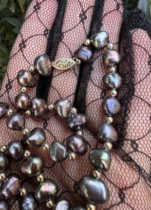 Чокер з культивованих чорних перлів та золота(585)6 фото