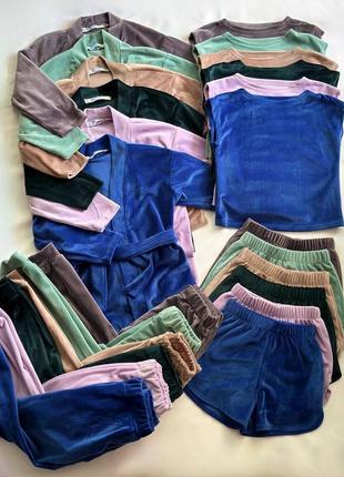 Домашний велюровый комплект костюм пижама - халат, шорты, футболка, брюки. Пижама 4в1 кемно шорты