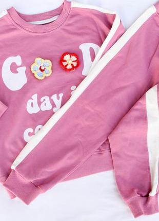Розовый стильный костюм с цветами для девочки 3, 4, 5, 6 лет туречки3 фото
