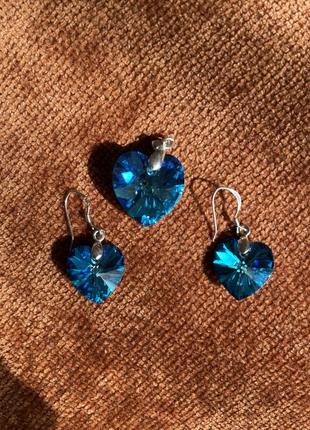 Набор украшений серебро синее сердце 925 проба