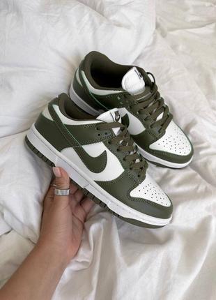 Женские кожаные кроссовки nike sb dunk white olive найк сб данк низкие