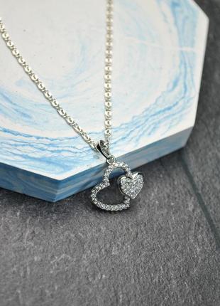 Кулон два сердца на цепочке медицинская сталь родий3 фото