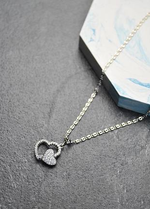Кулон два серця на ланцюжку медична сталь родій