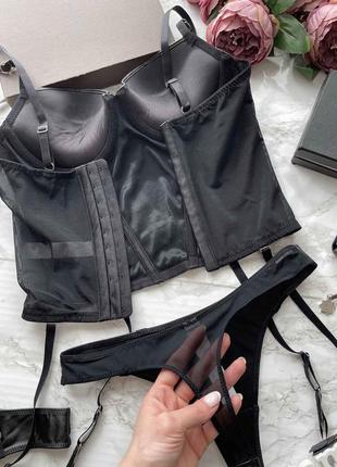 Кожаный комплект нижнего белья пуш ап , комплект нижньої білизни пуш ап корсетный