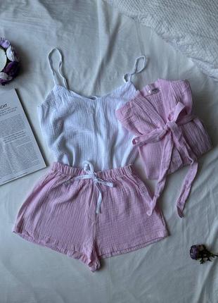 Женская муслиновая пижама майка / шорты/ накидка3 фото
