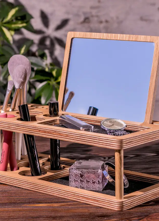 Дерев'яний органайзер для косметики з великим дзеркалом1 фото