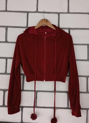 Велюровый укороченный худи на молнии, с капюшоном