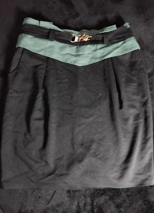 Женская короткая юбка, юбка трапеция черная с зеленым