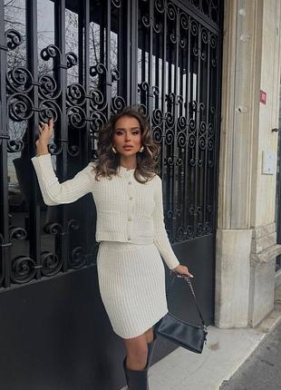 Елегантний трикотажний преміальний комплект джемпер+міні спідниця карандаш ⚜️вечірній білий костюм в стилі old money 42 44 46 xs s m l2 фото