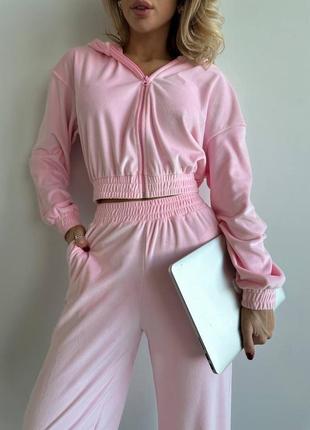 Люксовий велюровий барбі костюм прямі штани+укорочена кофта на змійці xs s m l 🩷 поюшевий рожевий костюмчик брюки та кофта 42 44 46