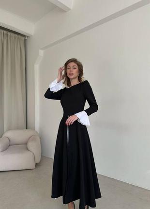Чорна сукня з білими манжетами міді платье миди черное1 фото