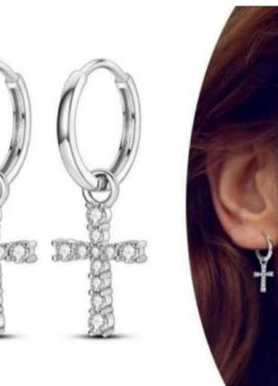 Серьги кольца серебро silver_pandora original крестики с цирконами