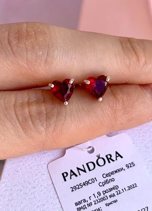 Сережки пандора срібло 925 сережки pandora серьги «червоне серце» сережки пусети кульчики оригінальні сережки пандора нові бірка пломба3 фото