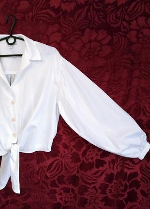 100% хлопок укороченная рубашка с пышными рукавами белая короткая блуза с обьёмными рукавами кроп топ блузка5 фото