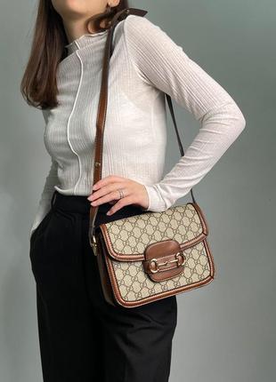 Женская сумка gucci horsebit 1955 large bag grey/brown1 фото