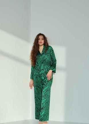 Атласная шелковая зеленая зебра пижама рубашка и штаны клеш s-l