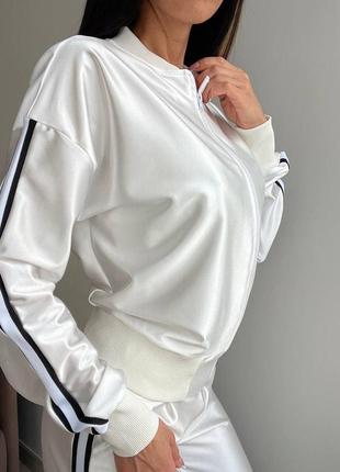 3в1 🔥 атласный спортивный костюм с доберманом топ + спортивные штаны + кофта хорошее качество 🔥6 фото