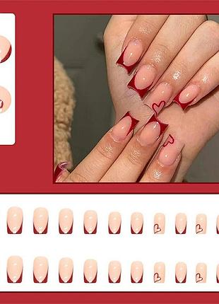 Накладні нігті короткі середні довгі квадрат тіпси френч блистки сердця білі чорні...