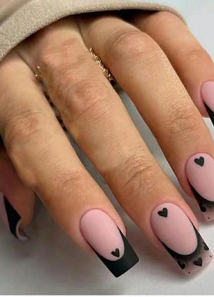 Накладні нігті короткі середні довгі квадрат тіпси френч блистки сердця білі чорні...