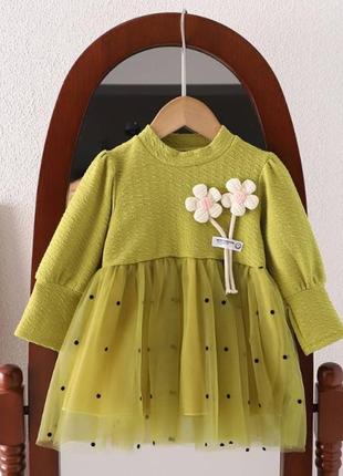 Платье для девочки зеленое с цветочками 74 - 100 см