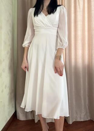 Шифоновое платье миди белое свадебное нарядное выпускное