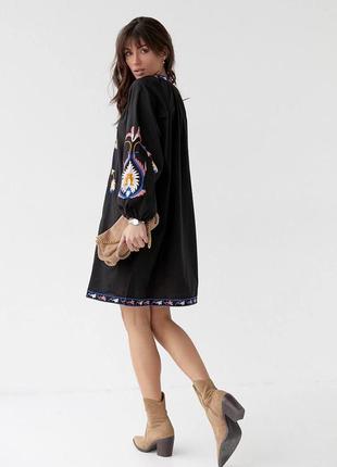 Женское черное платье мини вышиванка свободного кроя из хлопка качественное стильное3 фото