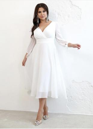 Шифоновое платье миди белое свадебное нарядное выпускное