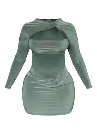 Оливковая мини-платье с узлом и вырезом