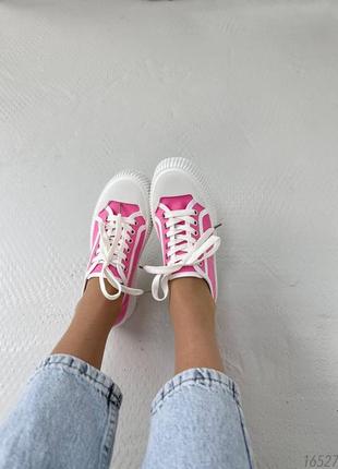 Розовые текстильные кроссовки кеды с белым носом на белой толстой подошве платформе барби текстиль7 фото