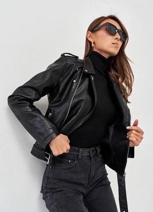 Куртка косуха из эко-кожи черная с поясом с воротником трендовая качественная6 фото