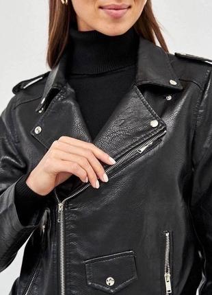 Куртка косуха из эко-кожи черная с поясом с воротником трендовая качественная3 фото