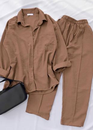 Костюм двойка оверсайз из креп жатки: штаны свободного кроя и рубашка черный бежевый зеленый качественный стильный