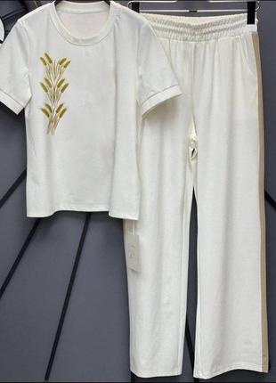Костюм футболка + широкі штани,двонитка +3d накат з символікою україни,пшениця, чорний та білий