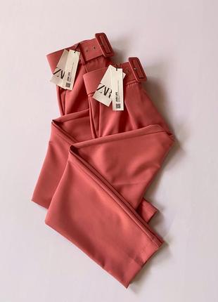 Рожеві/персикові штани/брюки на високій посадці/з поясом зара/zara