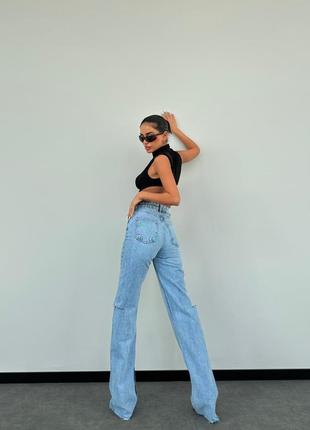 Женские голубые стильные трендовые джинсы с разрезами 100% котон.4 фото