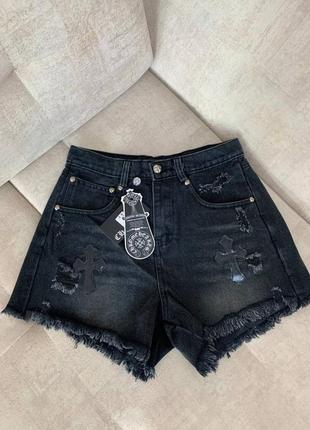 Шорты джинсовые черные с потертостями chrome hearts1 фото