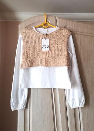 Стильна святкова біла блуза/реглан/кофта з в'язаним жилетом zara 13-14 років