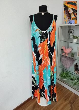 Стильна батальна сукня сарафан, трапеція ,принт тропічний2 фото