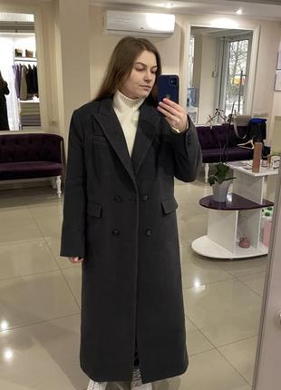 Демисезонное зимнее шерстяное пальто темно-серое в стиле zara mango massimo dutti h&m