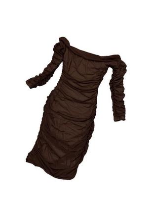 Сукня коричнева сітка драпіровка, відкриті плечі, рукава, облягаюче за коліна5 фото