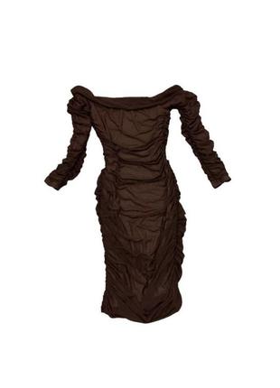 Сукня коричнева сітка драпіровка, відкриті плечі, рукава, облягаюче за коліна8 фото