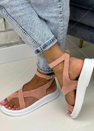 Босоніжки жіночі пудрові замшеві стильні літні, зручні шкіряні сандалі багато кольорів розмір 36 -414 фото