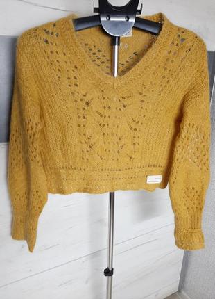 Вязаний оригінальний укорочений  smashing sweater светр топ кофта мохер з красивим рукавчиком розмір m7 фото