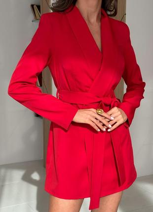 Изысканное красное платье-пиджак с поясом из костюмной ткани, классическое платье пиджак с подкладкой5 фото