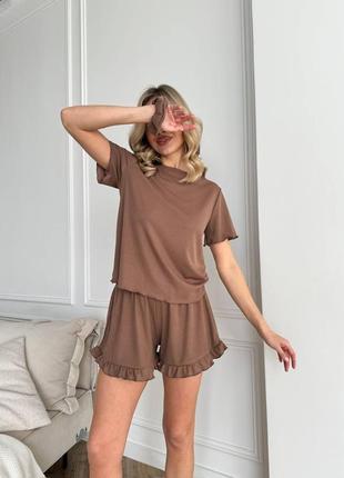 Жіноча літня коричнева піжама, домашній костюм футболка і короткі шорти шортики в рубчик2 фото